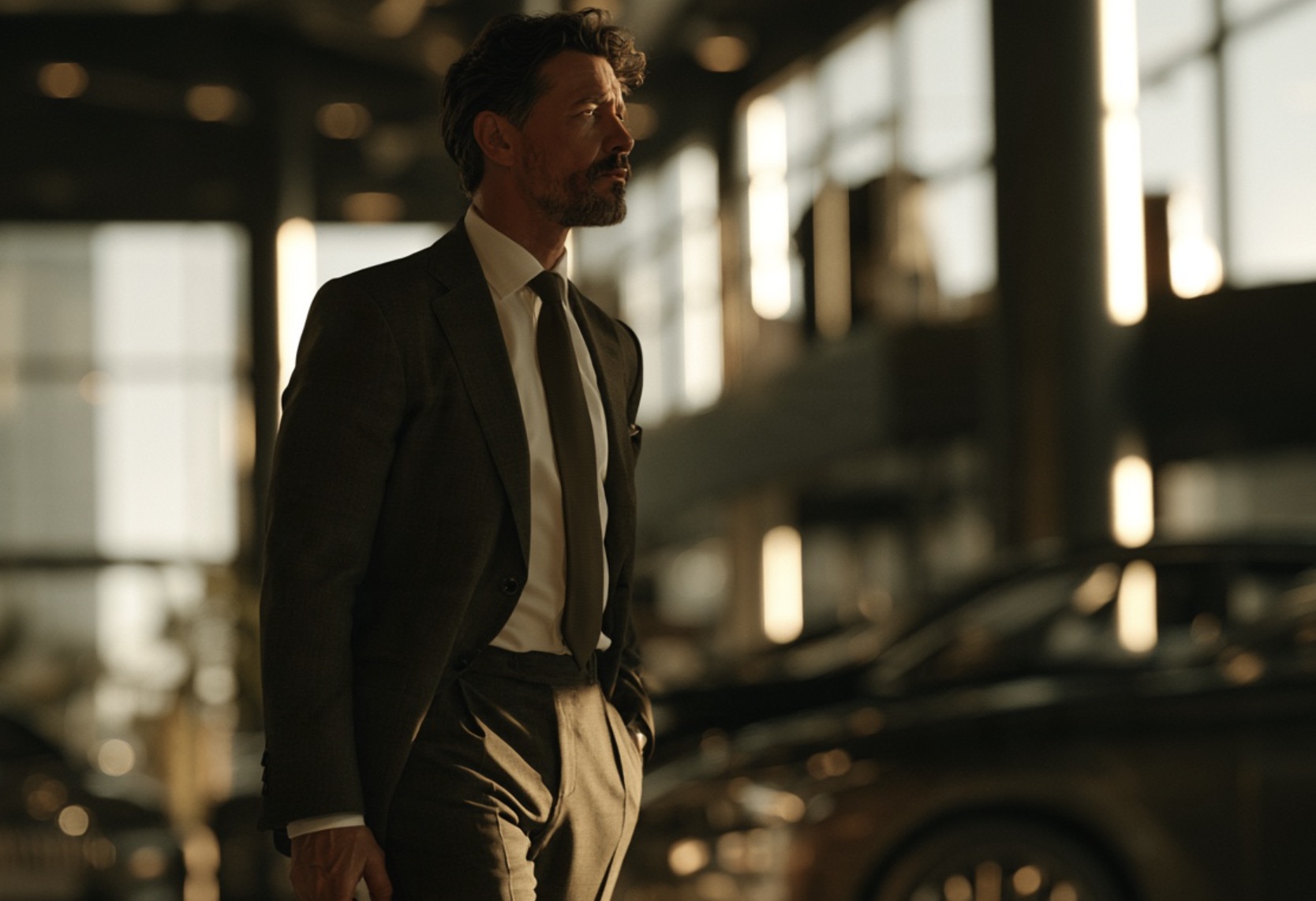 Autoverkoper in pak in een donkere showroom