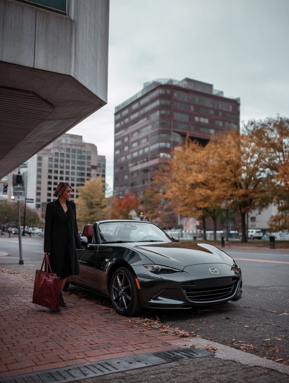 dame-bij-mazda-mx5-in-stad